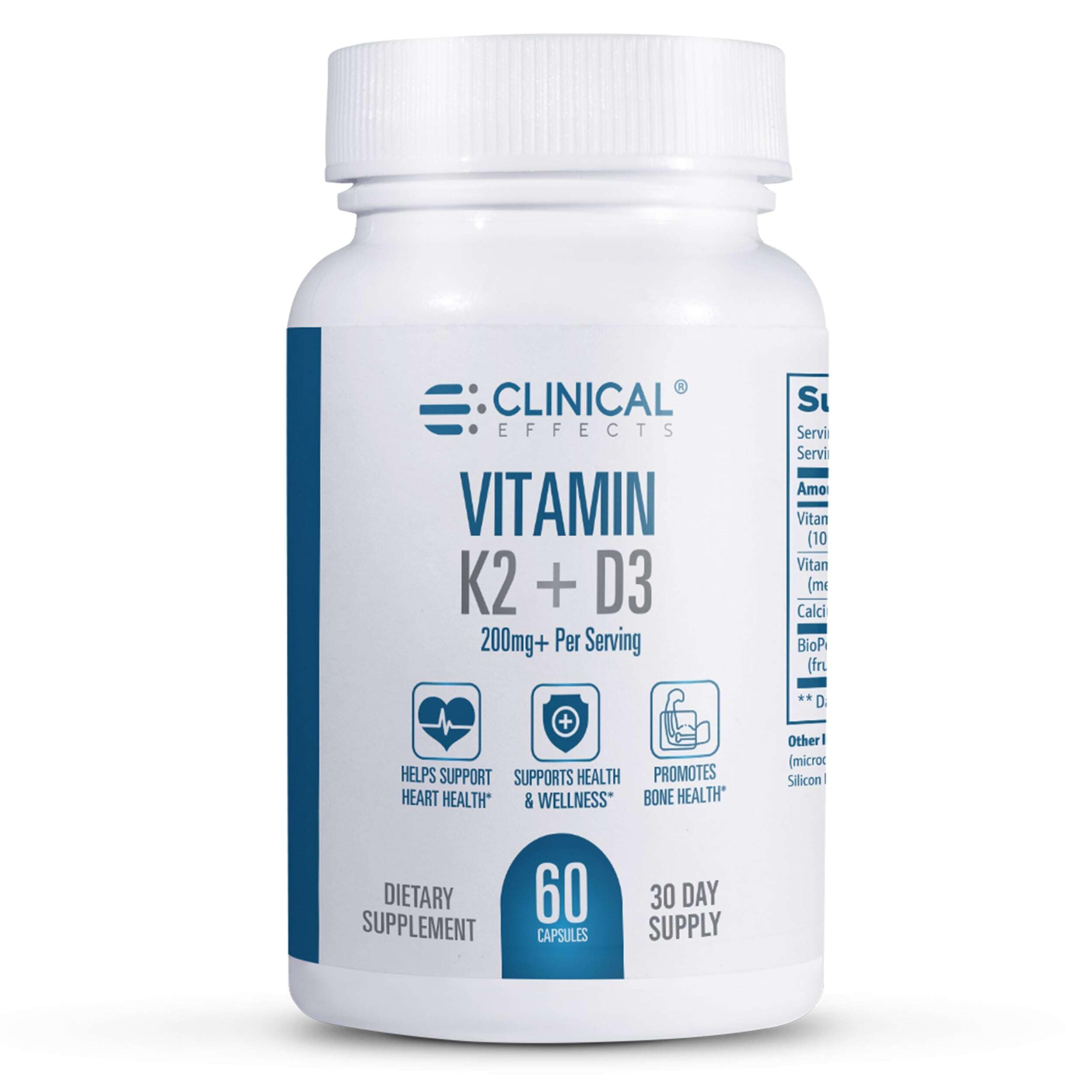 Clinical Effects Vitamin K2 + D3 - K2 + D3 Vitamin Supplement with Bioperine Black Pepper Extract and Calcium for Bone and Heart Health Support - 60 Capsules - Max Absorption - Made in The USA