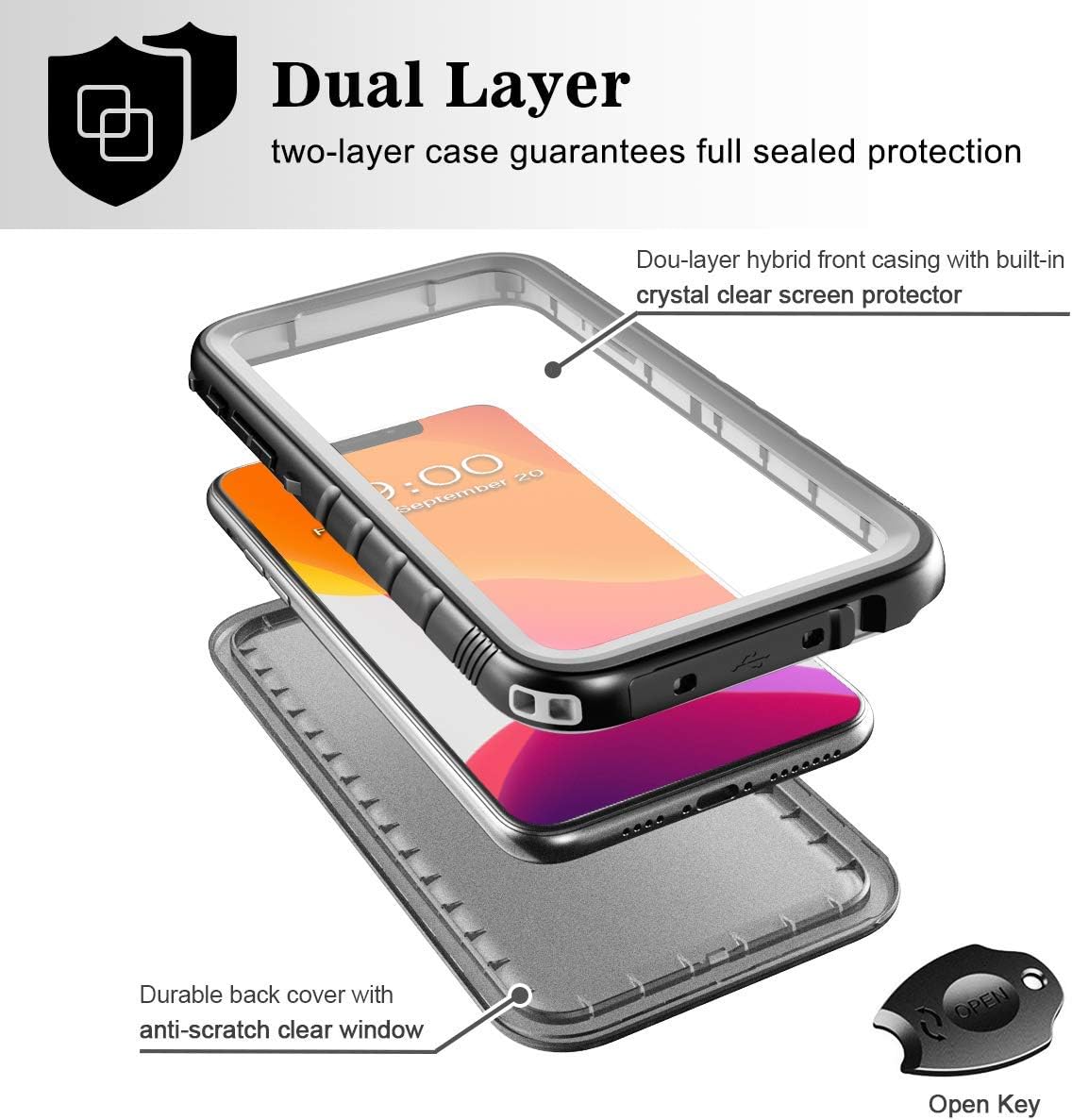 SPORTLINK Waterproof Case for iPhone 11 Pro, Full Body Heavy Duty Protection Full Sealed Cover Shockproof Dustproof Built-in Clear Screen Protector Rugged Case for iPhone 11 Pro 5.8 Inch