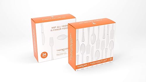 Vista 65 de Tiger Chef - Cubertería de plástico de color resistente, incluye tenedores, cucharas para el té y cuchillos, Transparente Claro