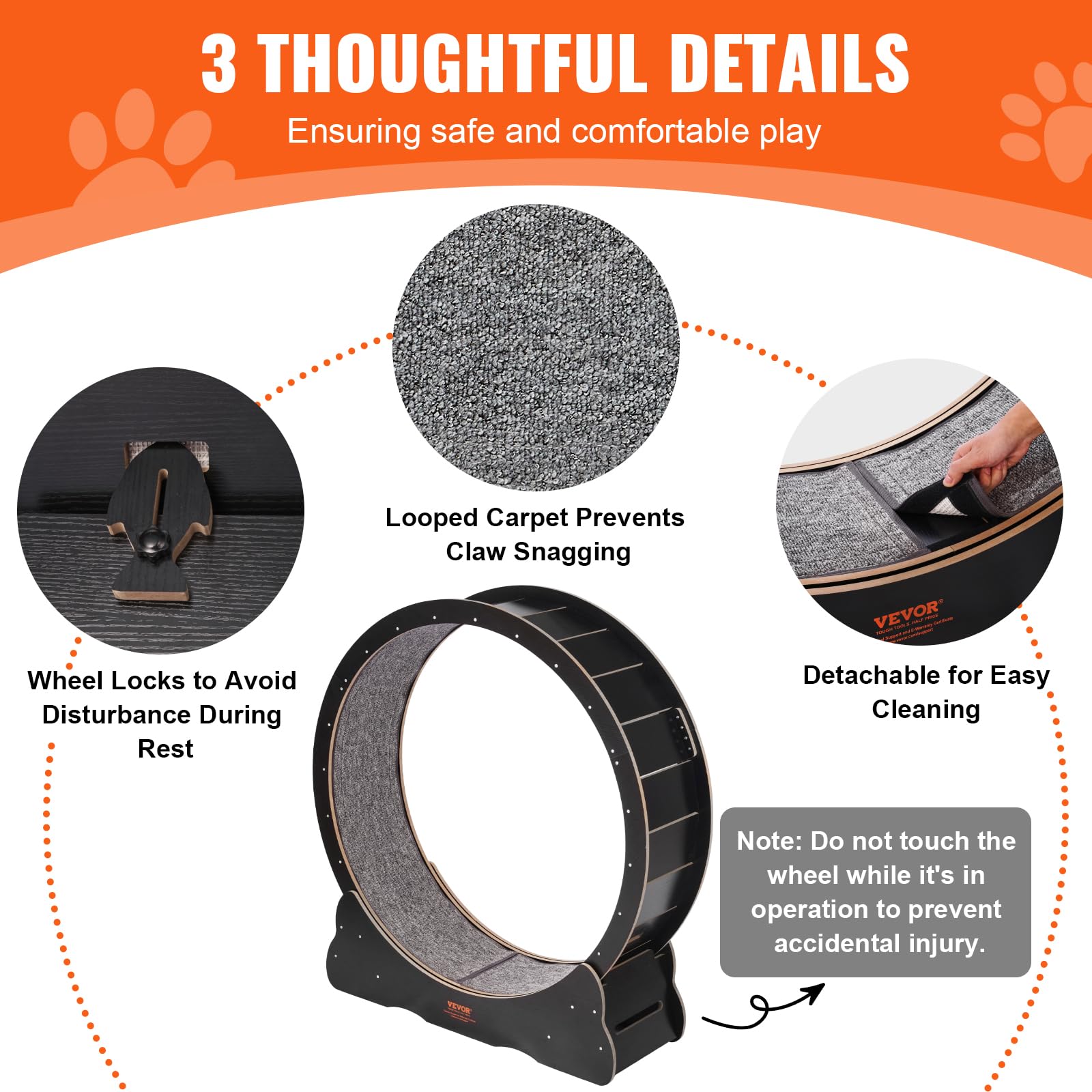 VEVOR Wooden Cat Exercise Wheel, 43.3" Large Cat Treadmill Wheel for Indoor Cats, Cat Running Wheel with Detachable Carpet & Cat Teaser for Running/Walking/Training, Suitable for Most Cats Black view 6