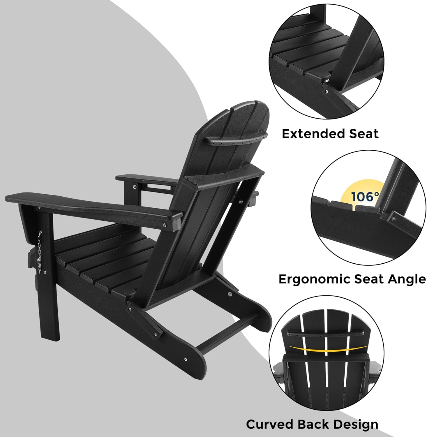 Magpie Fabrics Foldable Adirondack Chair with Cup Holder, HDPE Weather Resistant Oversize Outdoor Chair, Widely Used in Patio, Fire Pit, Deck, Porch, Garden, Campfire (Black)