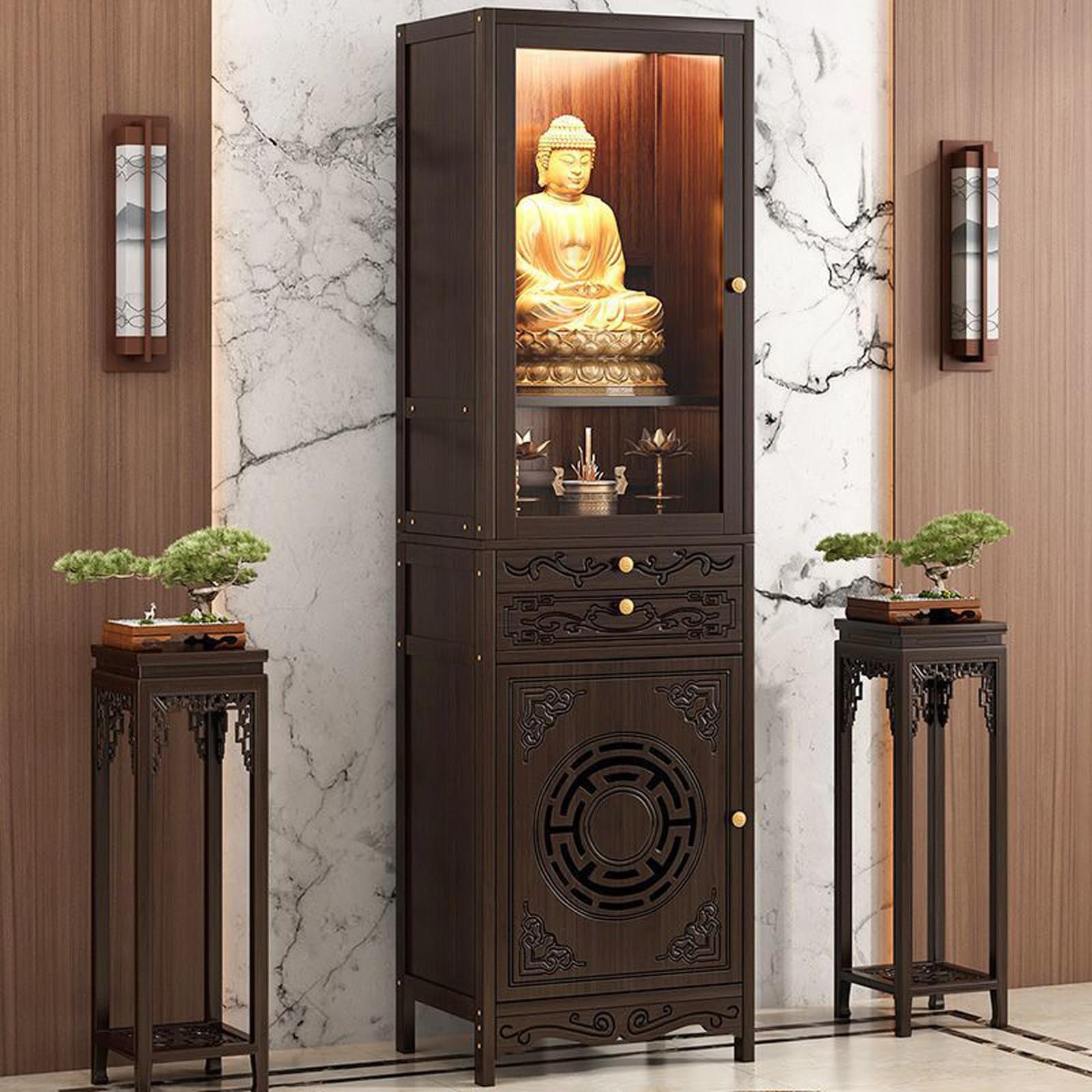 Sanctuaire de Bouddha Avalokitesvara : meuble de prière en bois noble