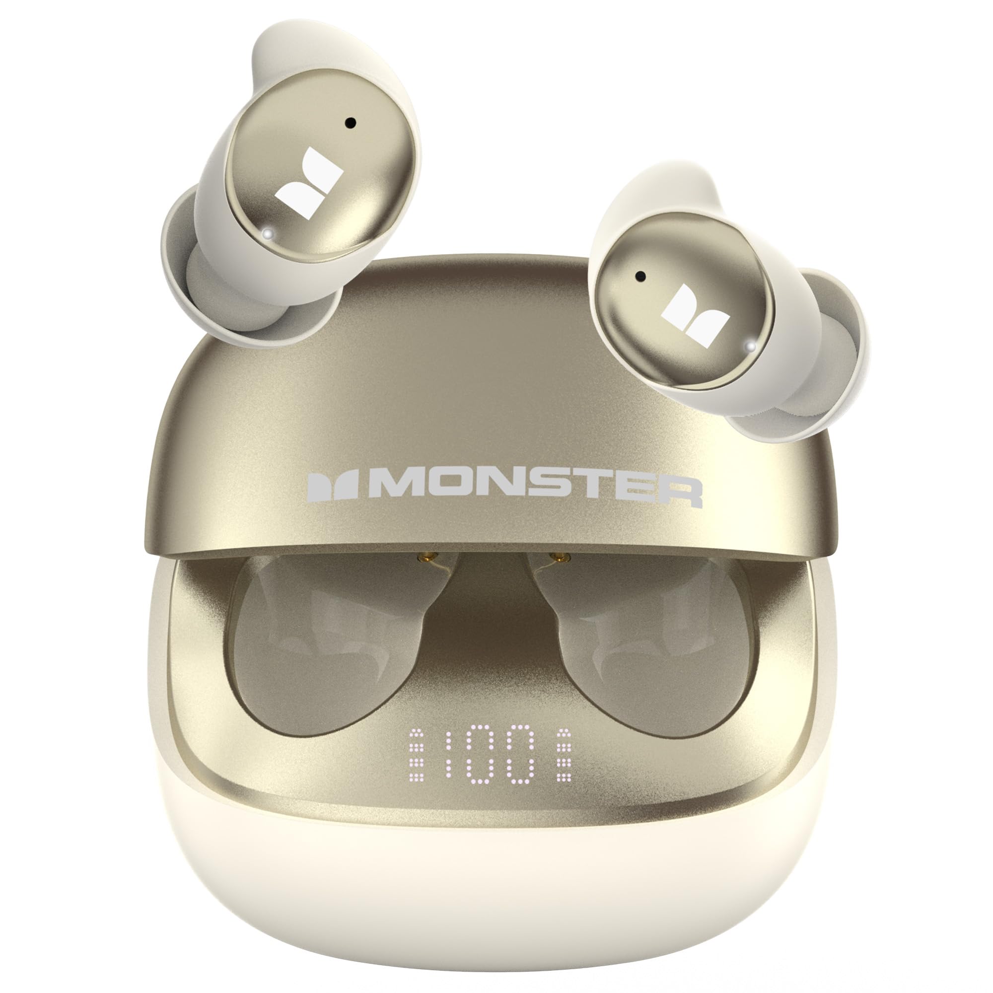 A couple sleeping peacefully with Monster Sleep Ear200 earbuds, illustrating automatic noise reduction for snoring