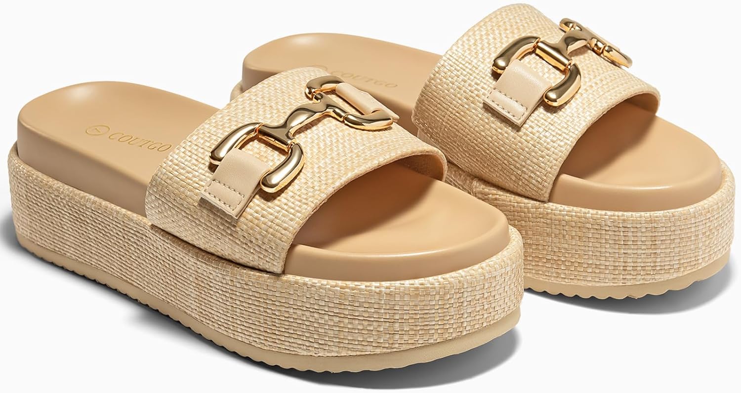 Coutgo Womens Platform Sandals Raffia Espadrilles Metal Chain Slip on Open Toe Cute Beach Slide Sandals - Image 5