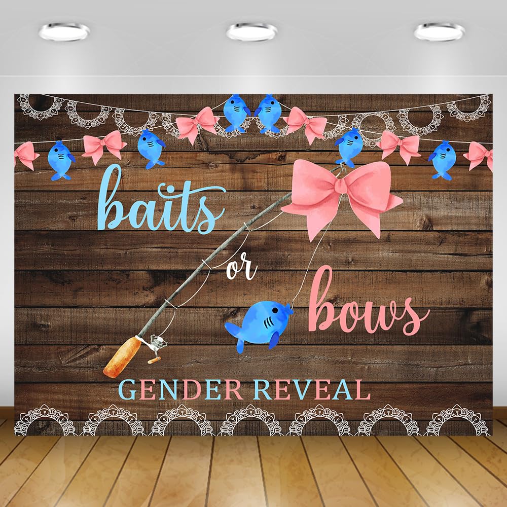 Baits or Bows Gender Reveal Backdrops Boy or Girl He or She Newborn Photography Background Rustic Wood Plank Baby Shower Party Backdrop Decoration Cake Table Banner Photo Studio Props L01 5x3Ft