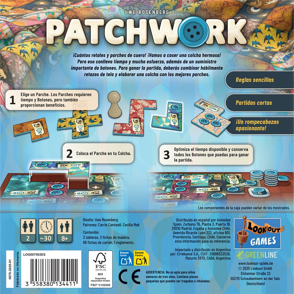 Asmodee Patchwork, Juego de Mesa De Estrategia y Puzzle, A Partir de 8 Años, para 2 Jugadores, 30 Minutos por Partida, Español