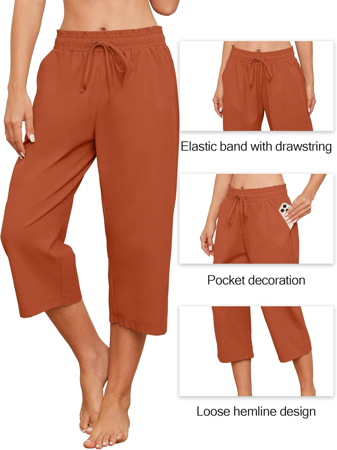 Larmliss Womens Capri Pants Casual Wide Leg Drawstring Elastic Waist Loose Lounge Cropped Pants with Pockets - Image 6