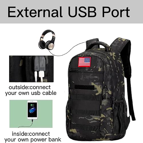 Miniatura 3 de Mochila HYSANOG para niños, mochila militar para adolescentes con puerto de carga USB, mochila de camuflaje para hombres, Mediana, Militar