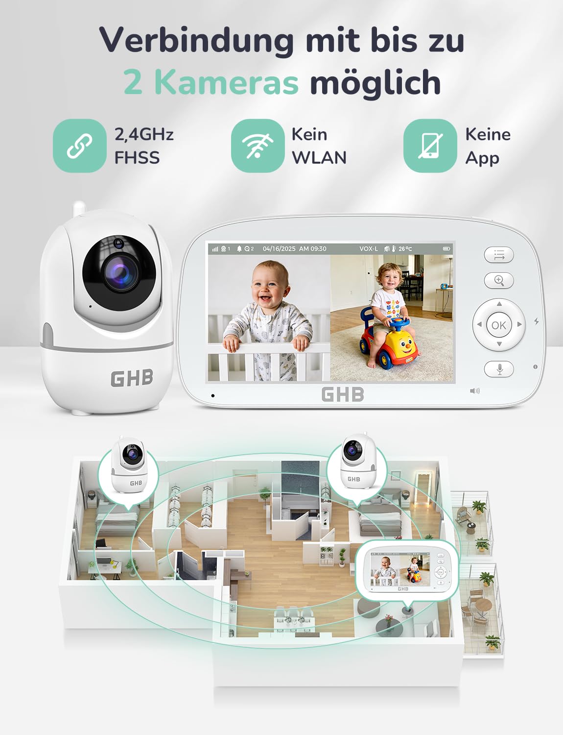 GHB Babyphone mit Kamera 5 Zoll 720P HD Kamera IPS Display mit 5000mAh Akku 4X Zoom 2-Bildschirm-Split Pan/Tilt 350°/110° Nachtsicht Wiegenlied