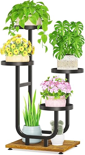 LASZOLA Soporte de plantas negro de 4 niveles alto de metal para interiores, soporte grande y resistente para macetas, estante organizador para