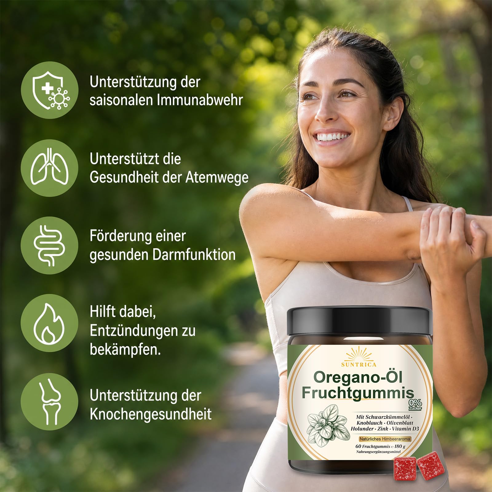 Oregano Öl Fruchtgummis mit Carvacro, Hochdosiert Oregano Öl, mit Schwarzkümmelöl, Knoblauch & Zink – 0% Zucker, scharfer & intensiver Kräutergeschmack, Unterstützt Immunsystem – 60 Stück