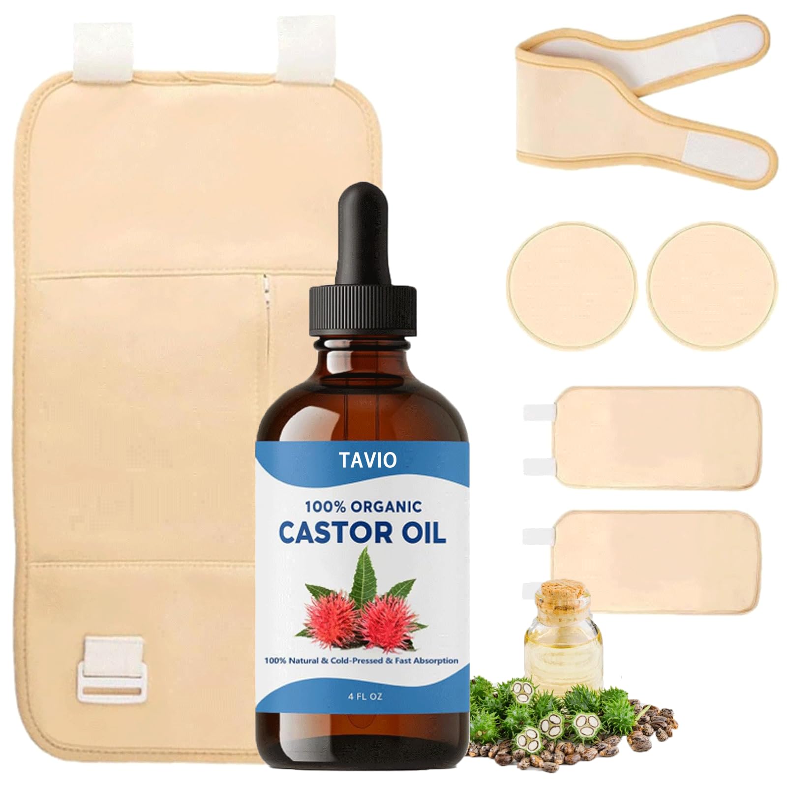 Tavio Castor Oil Pack, Castor Oil Liver Wellness Pack Wrap Kit, Organic Cotton Reusable Pads Kit for Hot/Cold Compress, Muscle Relaxation & Detox (1)