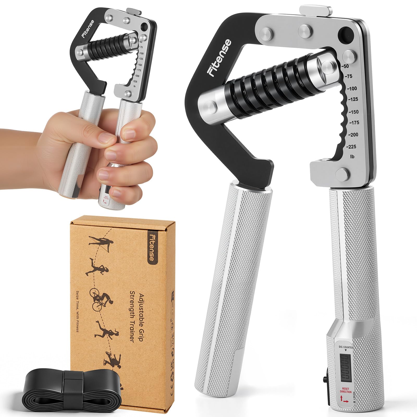 Fitense Hand Grip Strengthener, 8 Levels Adjustable Hand Gripper 50-225lb with Digital Counter, Non-Slip Silicone Hand Grips for Rehabilitation, Strength, Wrist Training Workout & Strengtheners