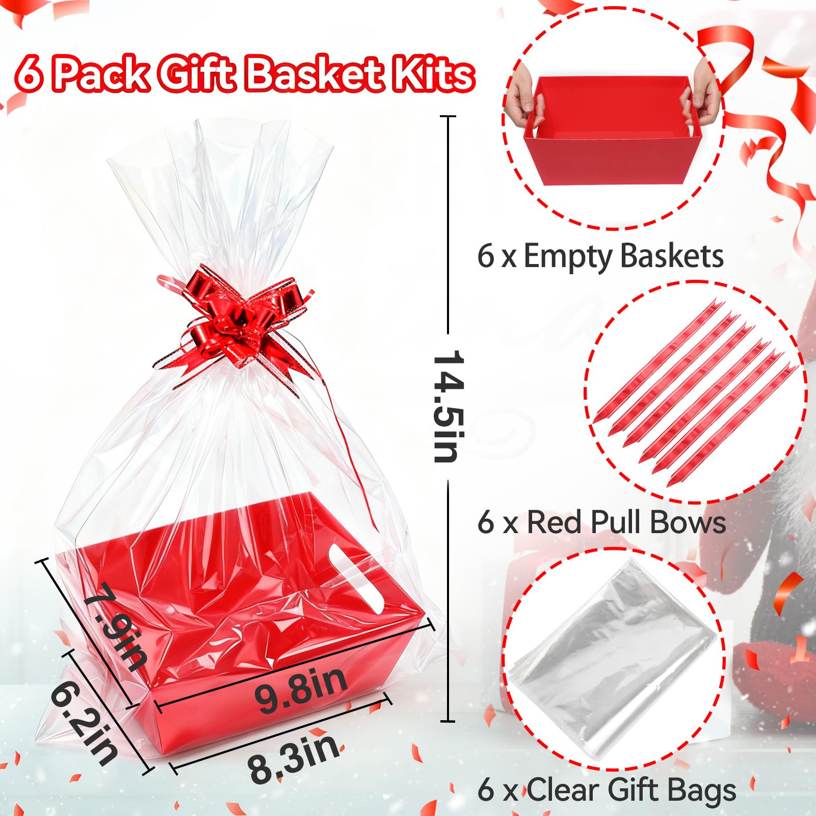 MADHOLLY Confezione da 6 cesti per regali vuoti, grandi e robusti, in carta kraft, con fiocchi e sacchetti regalo trasparenti, per Natale, matrimonio, compleanno, San Valentino, confezione regalo,