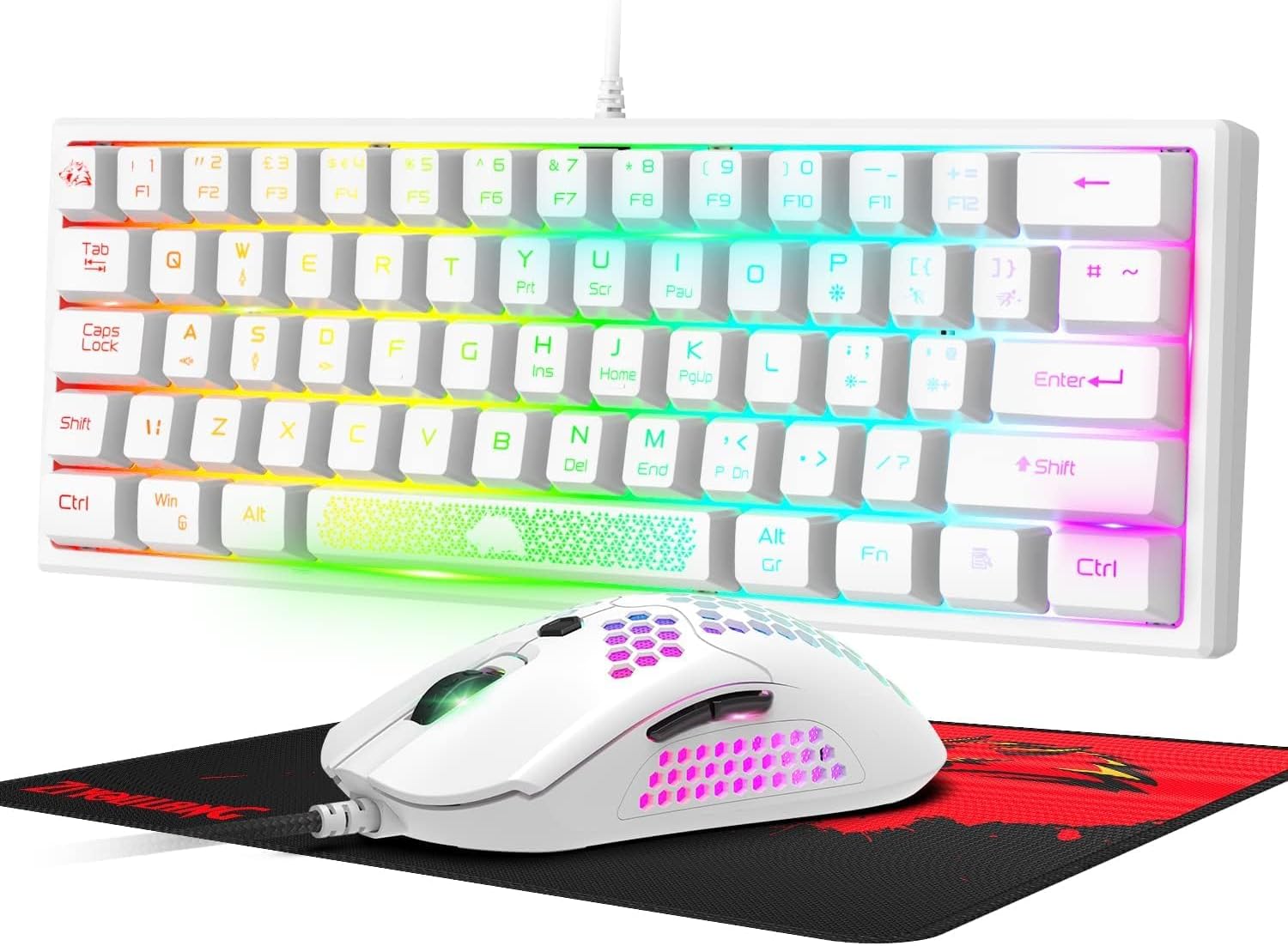 K61-60% Compact Gaming Keyboard and Mouse Set Mechanical Feel Mini 62 Keys 12000 DPI Breathable LED Ultralight Honeycomb Shell Mouse UK Layout Ergonomic RGB Backlit Keyboard-White