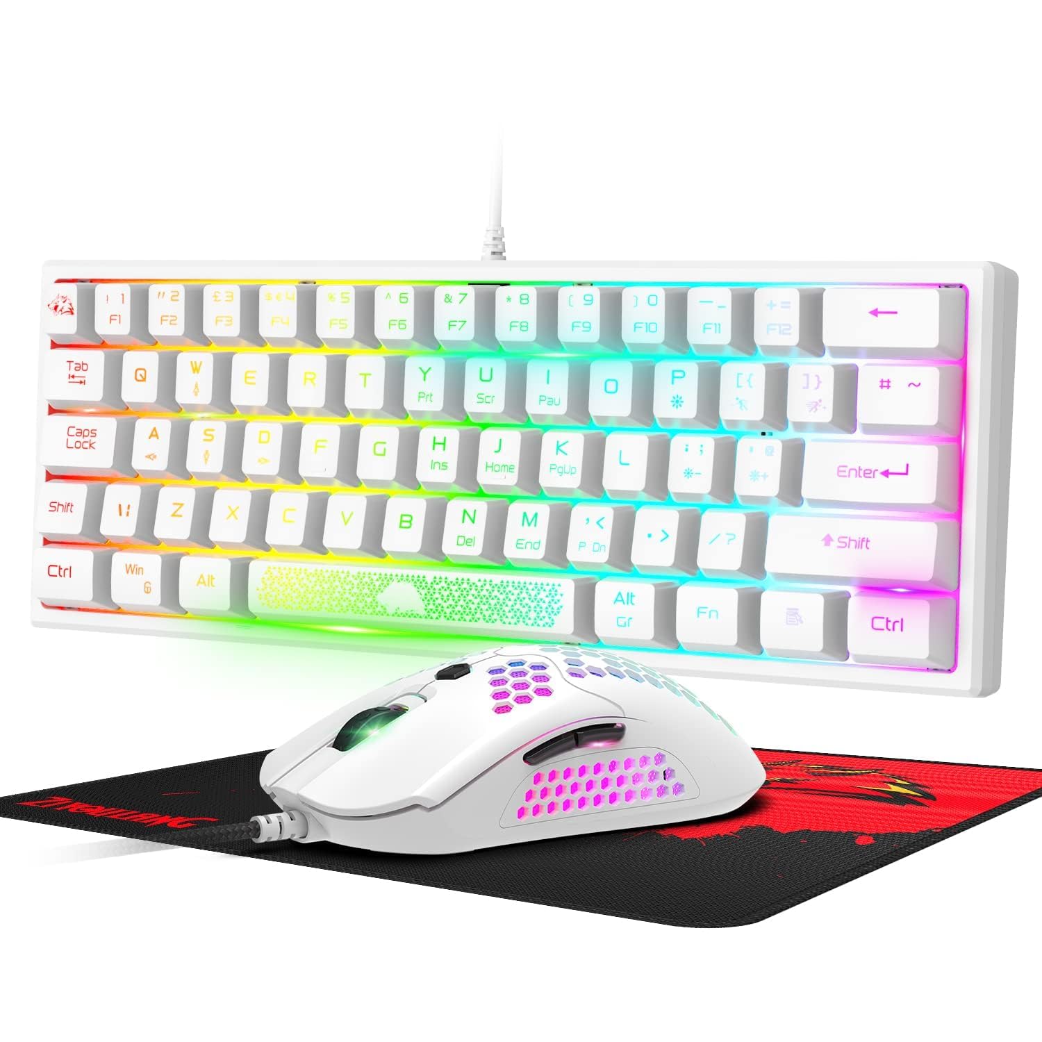 LexonElecK61-60% Compact Gaming Keyboard and Mouse Set Mechanical Feel Mini 62 Keys 12000 DPI Breathable LED Ultralight Honeycomb Shell Mouse UK Layout Ergonomic RGB Backlit Keyboard-White