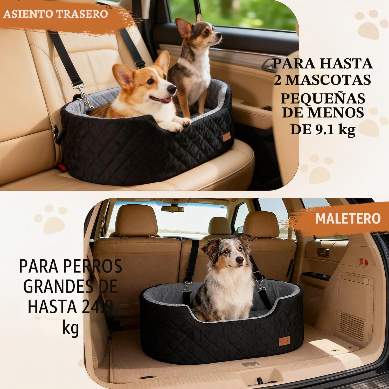 Asiento de Coche de 10 cm de Altura para Perros de Menos de 25 kg | Cojín de 70 x 42 x 10 cm, 2 correas de seguridad, asiento para coche para perros con funda extraíble y lavable