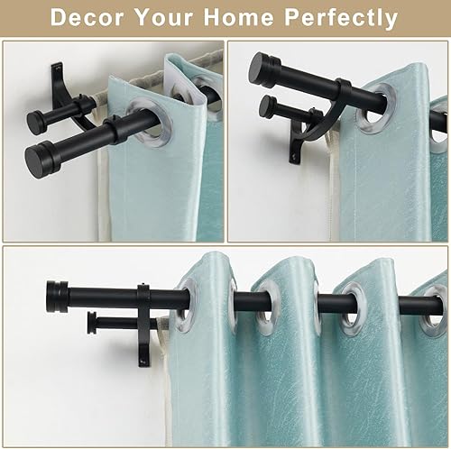 Miniatura 4 de Barras de cortina dobles para cortina, 36-72 pulgadas con barra grande de 1 pulgada y barra pequeña de 58 pulgadas, remates redondos modernos, negro