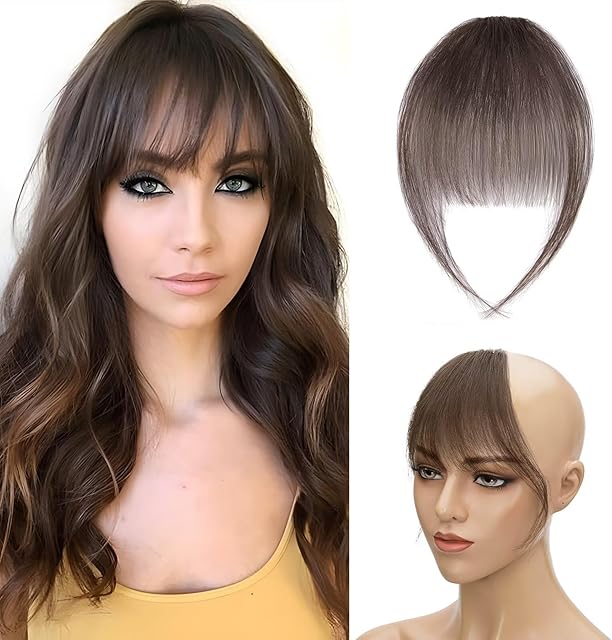Hair Bangs Clip in #02 Dark Brown One Piece Hair Fringe Light Bangs Remy Human Hair Extensions Thin Front Hair with Temples