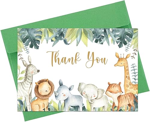 50 tarjetas de agradecimiento de safari, 4 x 6 pulgadas, tarjetas de agradecimiento de animales de la selva para baby shower, notas de