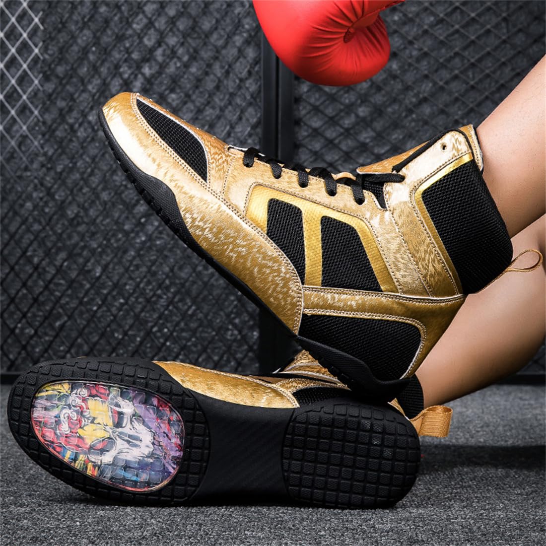 DAMANDO Baskets De Boxe pour Les Femmes Fille, Chaussures De Boxe Haut De Gamme Baskets De Sport Respirantes Légères pour La Lutte D'Haltérophilie,d'or,38 EU