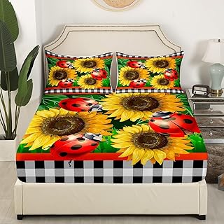 Homewish Red Ladybug Fitted Sheet Queen Size Yellow Sunflowers Bedding Set Black White Grid Sheet Set,Farmhouse Bed Cover Ultra Soft Breathable Bedspread 3 Pcs for Kids Teens Boys