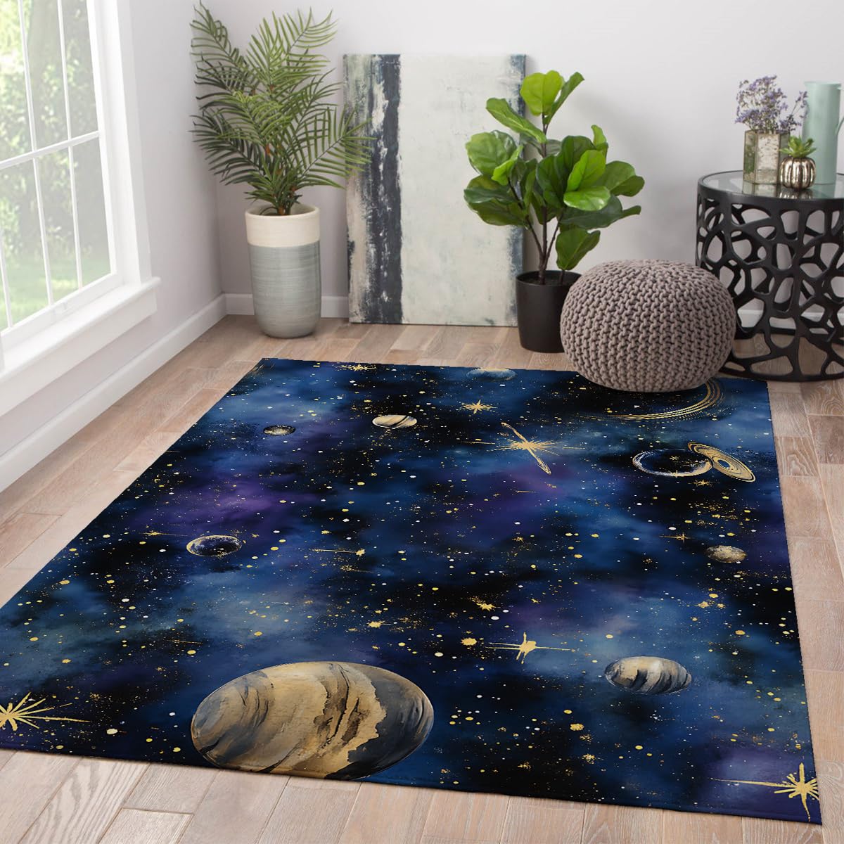 Tapis lavable à poil bas motif spatial de science-fiction 150x240