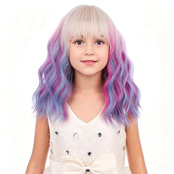 Womens Rainbow Wigs Colorful Curly Wavy Wig with Air Bangs Muti-color Shoulder Length Wig Synthetic Daily Halloween Party Cosplay Wigs for Women