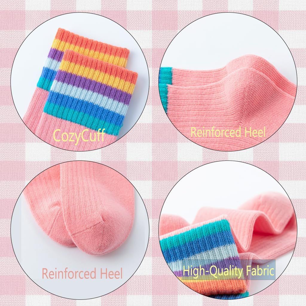 Marchare Girls Cotton Crew Socks Kids Casual Socks School Socks Rainbow Stripes 5 Pack