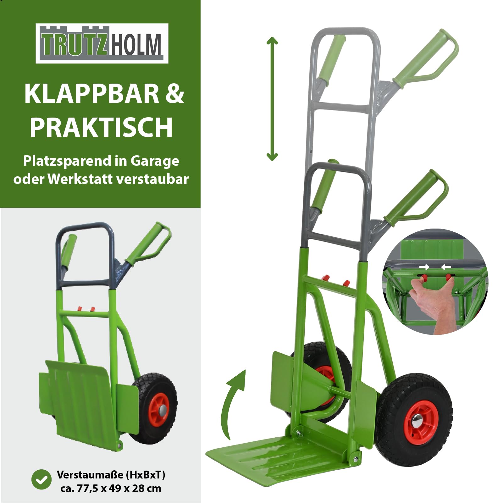 TRUTZHOLM Sackkarre pulverbeschichteter Stahl Tragkraft 200 kg 112,5 cm Höhe große klappbare Ladefläche 29x29 cm pannensichere Vollgummiräder ergonomische Sicherheitsgriffe mit Handschutzbügel