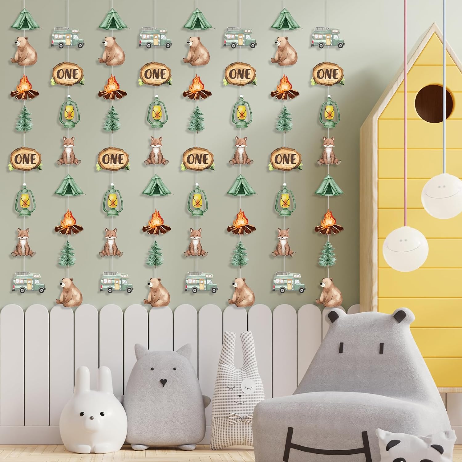 One Happy Camper Birthday Decorations - Joybileefun 8PCS Hanging Swirls 1st Birthday Decorations Boys Girls Kids Woodland Hanging Garland Camping Themed Party Decor Supplies for Baby Shower Party