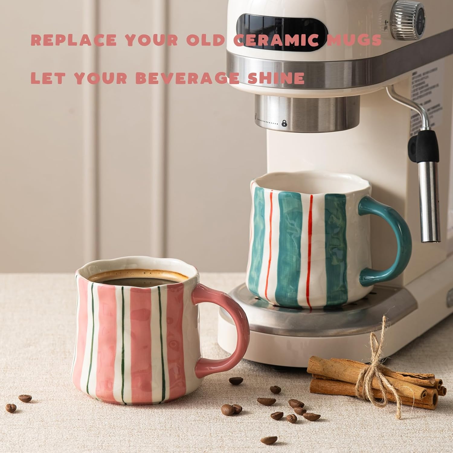 Striped Ceramic Coffee Mugs Set of 2, Pink and Green Stackable Stoneware Mugs for Morning Coffee, Tea & Cocoa, 12oz Dishwasher & Microwave Safe Mug Gift Set for Home & Office - Image 8