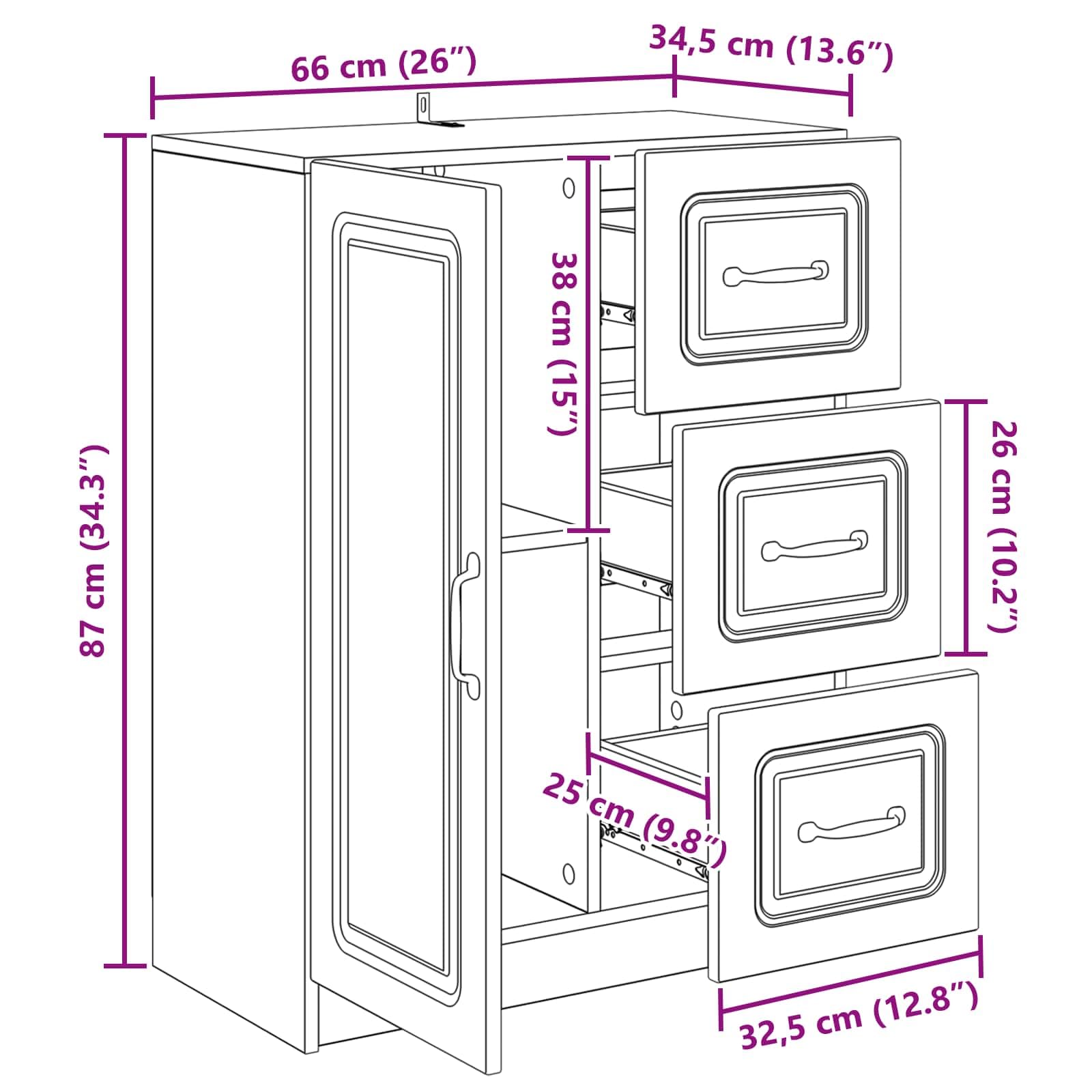 Credenza con 3 cassetti e anta, colore bianco, 66 x 34,5 x 87 cm