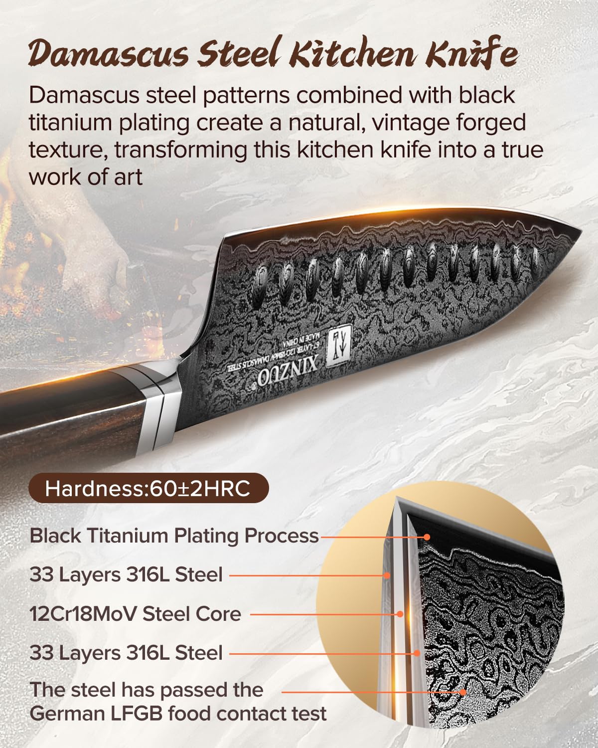 XINZUO 67-warstwowy nóż Santoku ze stali damasceńskiej, 18,2 cm, profesjonalnie kuty nóż szefa kuchni z ostrym ostrzem, ergonomiczny uchwyt z drewna hebanowego, w pudełku prezentowym, seria Ji