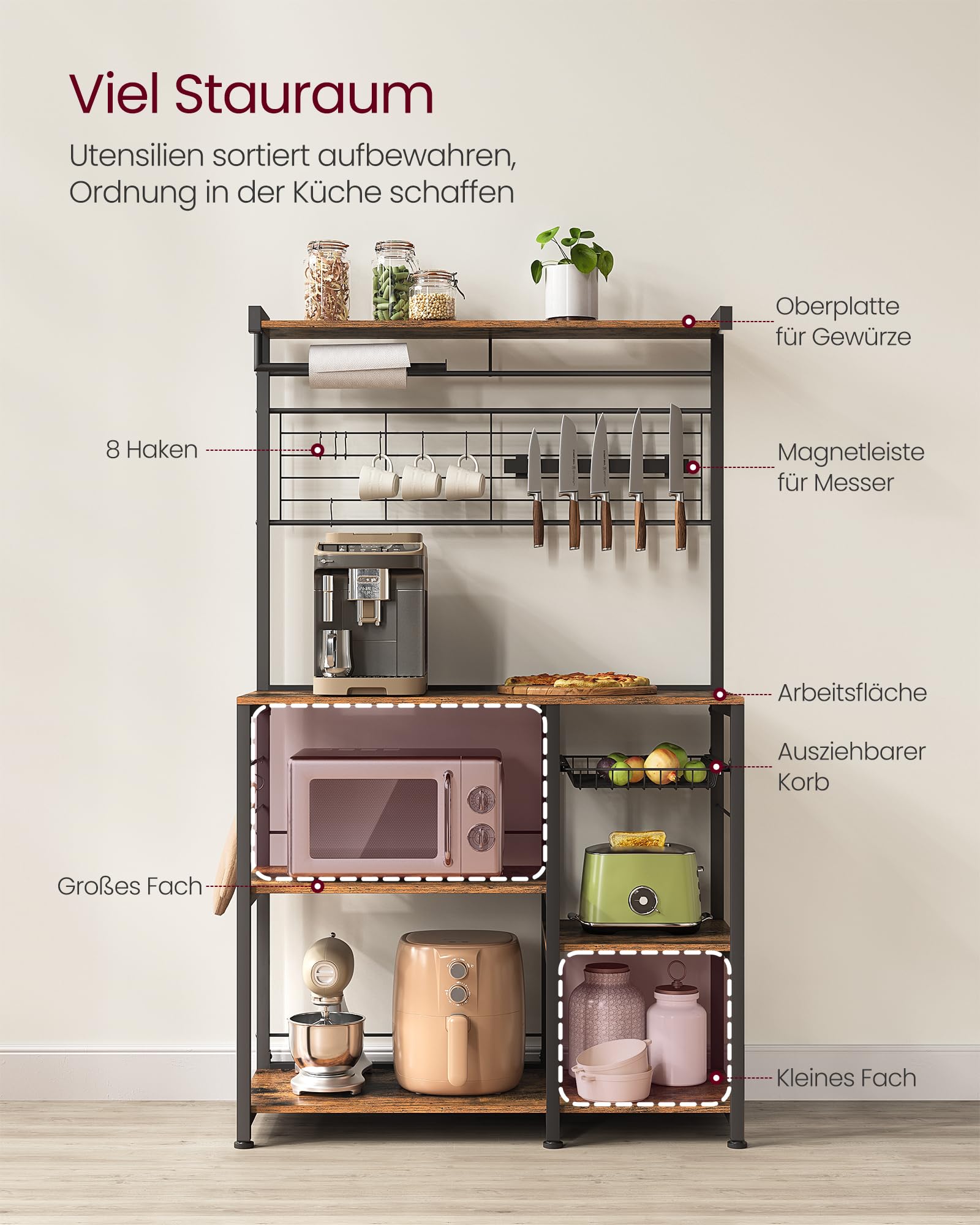 VASAGLE Küchenregal, Standregal, Regal, Kücheninsel mit Magnetleiste für Messer, Drahtkorb, Küchenrollenhalter, 12 Haken, vintagebraun-schwarz KKS026B01