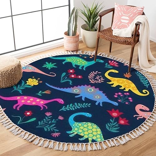 Miniatura 3 de Alfombras redondas de dinosaurios, lindos niños para niñas y niños, coloridos animales de dibujos animados en el área bohemia, alfombra de lino y