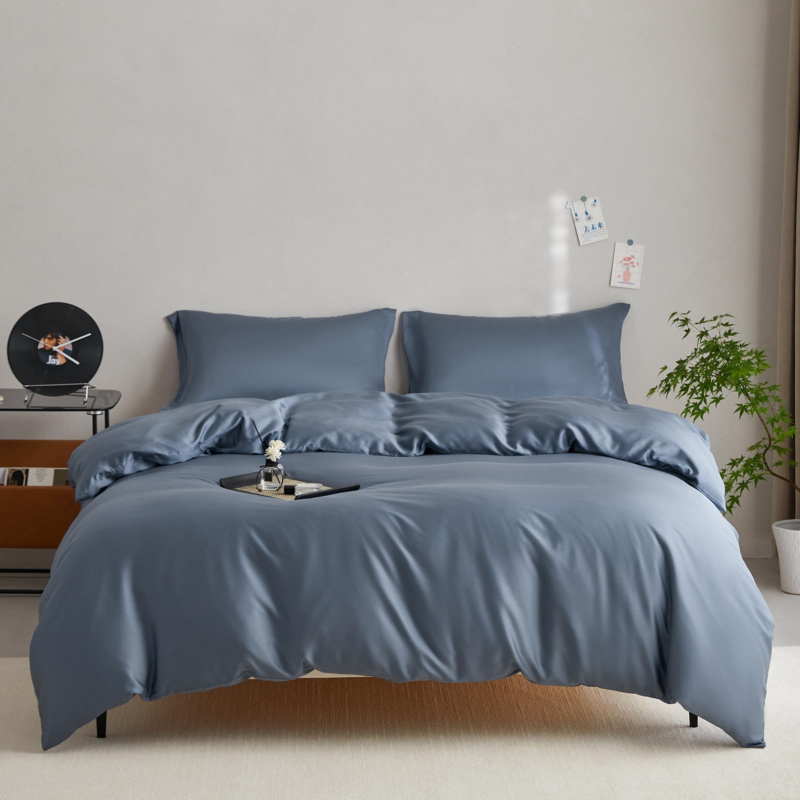 DCSKY Twin Size Tencel Duvet Cover Set 3-Piece - 100% Lyocell Bedding Set, Silky Smooth & Hypoallergenic, Temperature Regulating for Hot Sleepers (Denim Blue, 68x90 Inches)