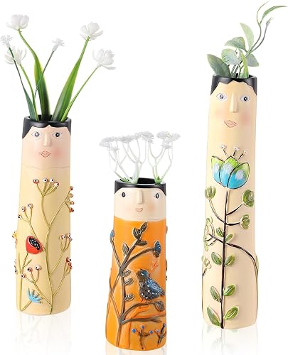 3pcs Family Face Bud Vase Set, 3D Embossed Hand Painted Boho Small Flower Vases, Resin Mini Sculpture Face Vase for Dry Flowers Tabletop Home Decor, Creative Housewarming Gift for Women