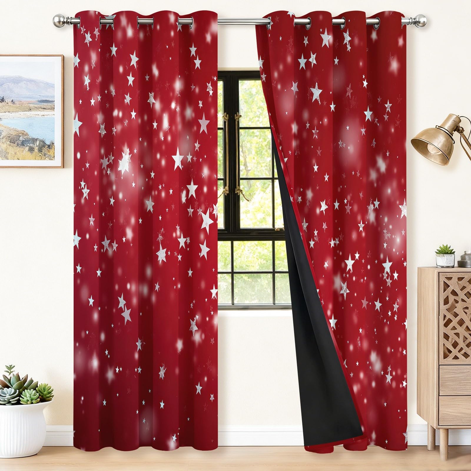 Generisch Einfach Blickdicht Vorhänge Rot, Wärmeisoliert UV-Schutz vorhänge mit Farbverlaufssterne Muster, Verdunklungsvorhänge mit ösen für Wohnzimmer Schlafzimmer Deko, H 200 x B 70 cm (2er Pack)