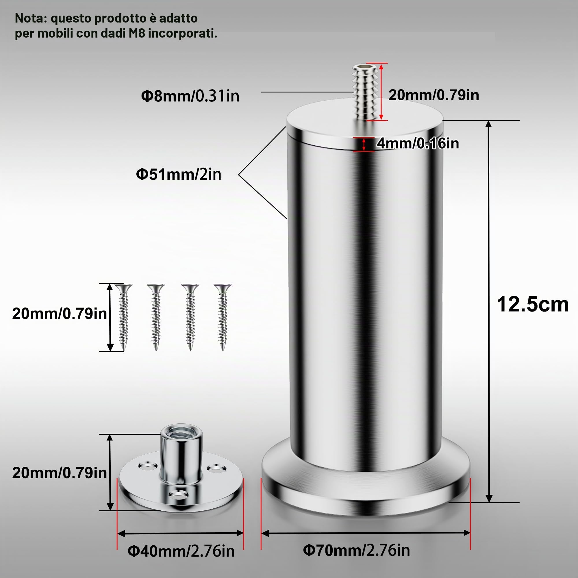 4 piedini per mobili in acciaio inox 304, da 12,5 cm, per mobili, armadi, letti, gambe, divani, gambe del tavolo, da utilizzare con viti M8, con portata di oltre 600 kg