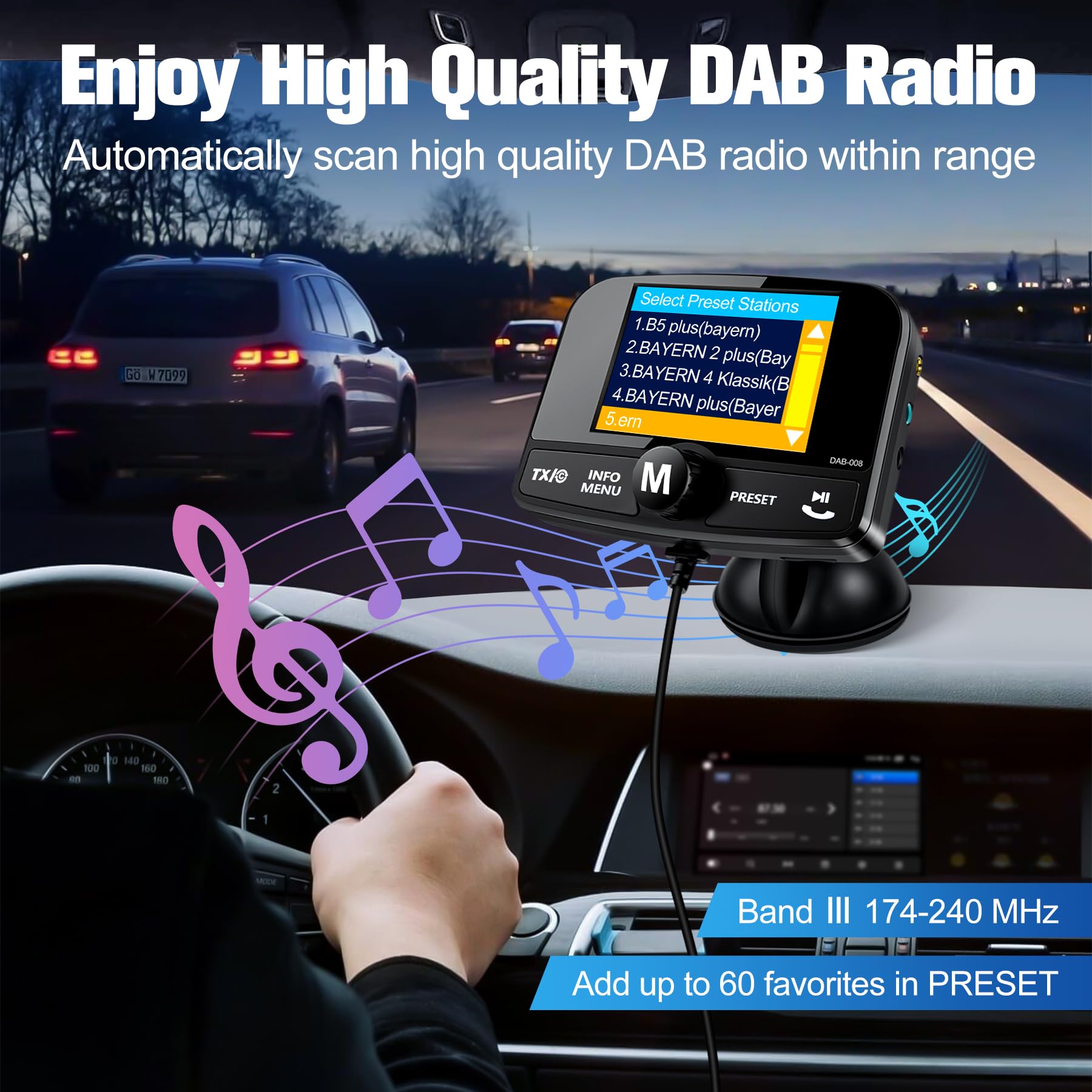 LanBlu DAB Adapter für Autoradio, DAB Adapter Stereoanlage 6.1cm Buntes Display, FM Transmitter DAB+ für Autoradio mit Bluetooth Freisprecheinrichtung, DAB+ Adapte Empfänger Musikplayer+Aux In/Out