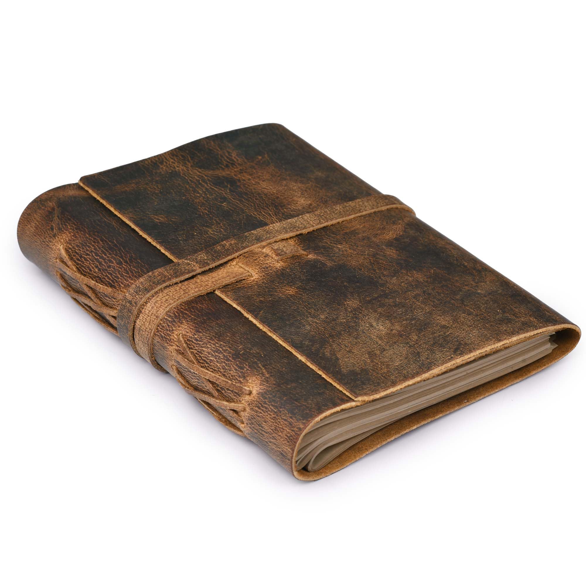 LEATHER VILLAGE Genuine Leather Bound Journal Writing Notebook for Men Women - Daily Writing Notepad Lined Paper 300 Kraft Pages, Handmade, Rustic Brown, 6 X 4 in (A6)