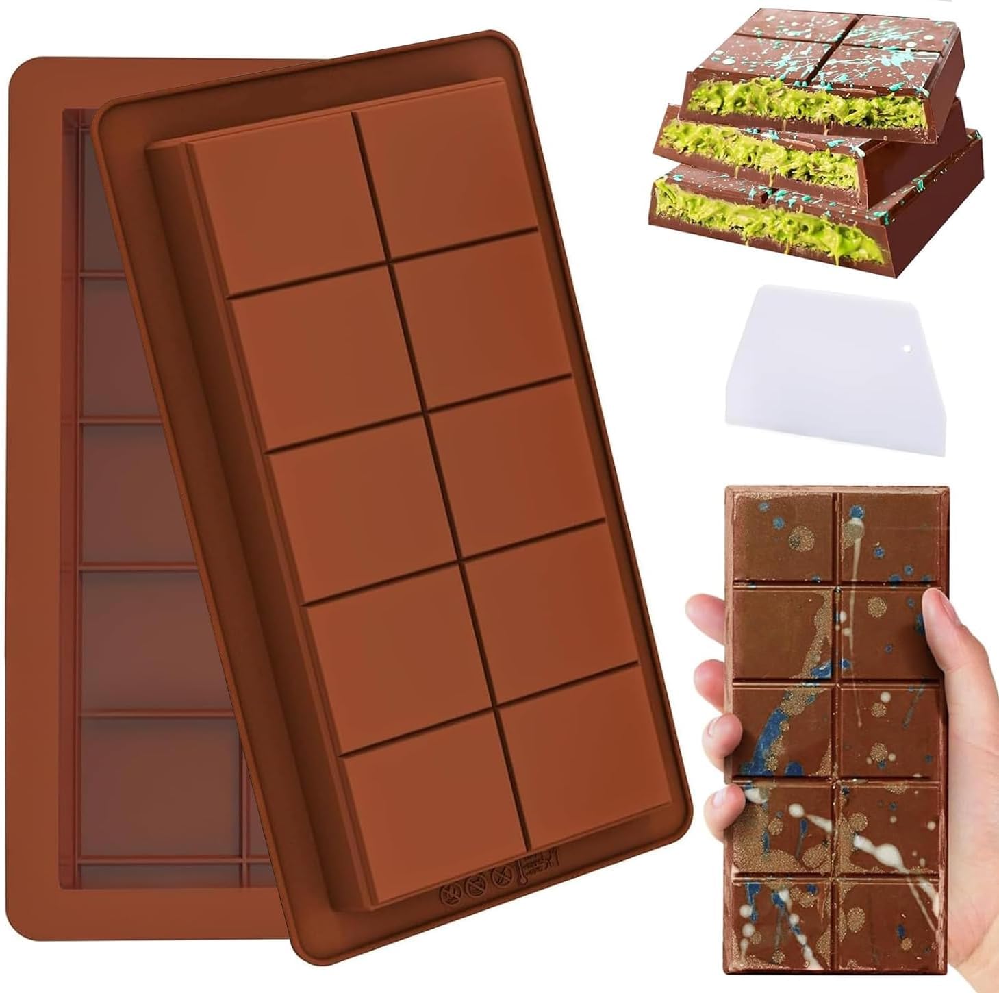 Lonimia Chocolate Bar Moulds Silicone,2 PCS Deep Chocolate Bar Mould,Thick Chocolate Bar Mould,Silicone Mould Chocolate Bar for Chocolate Praline Sweets（Comes with a scraper）