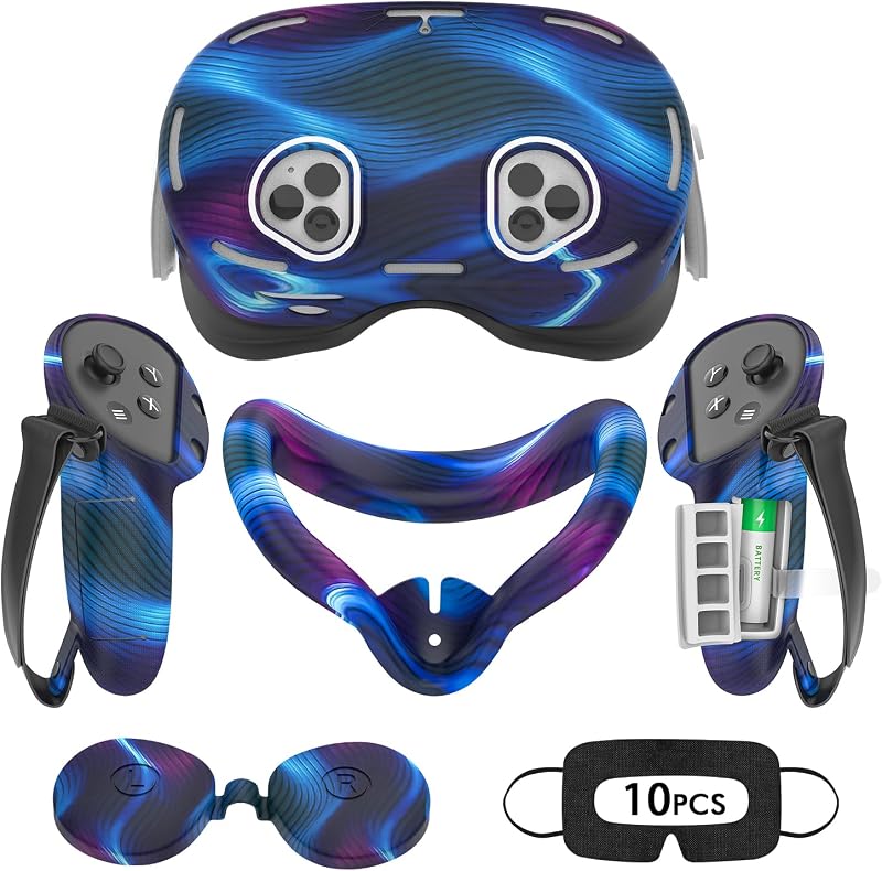 Juego de fundas de silicona compatibles con Oculus/Meta Quest 3S, accesorios VR para Meta Quest 3S, juego de fundas protectoras que incluye cubierta de agarre para controlador, cubierta facial, cubierta de carcasa VR (azul Aurora)