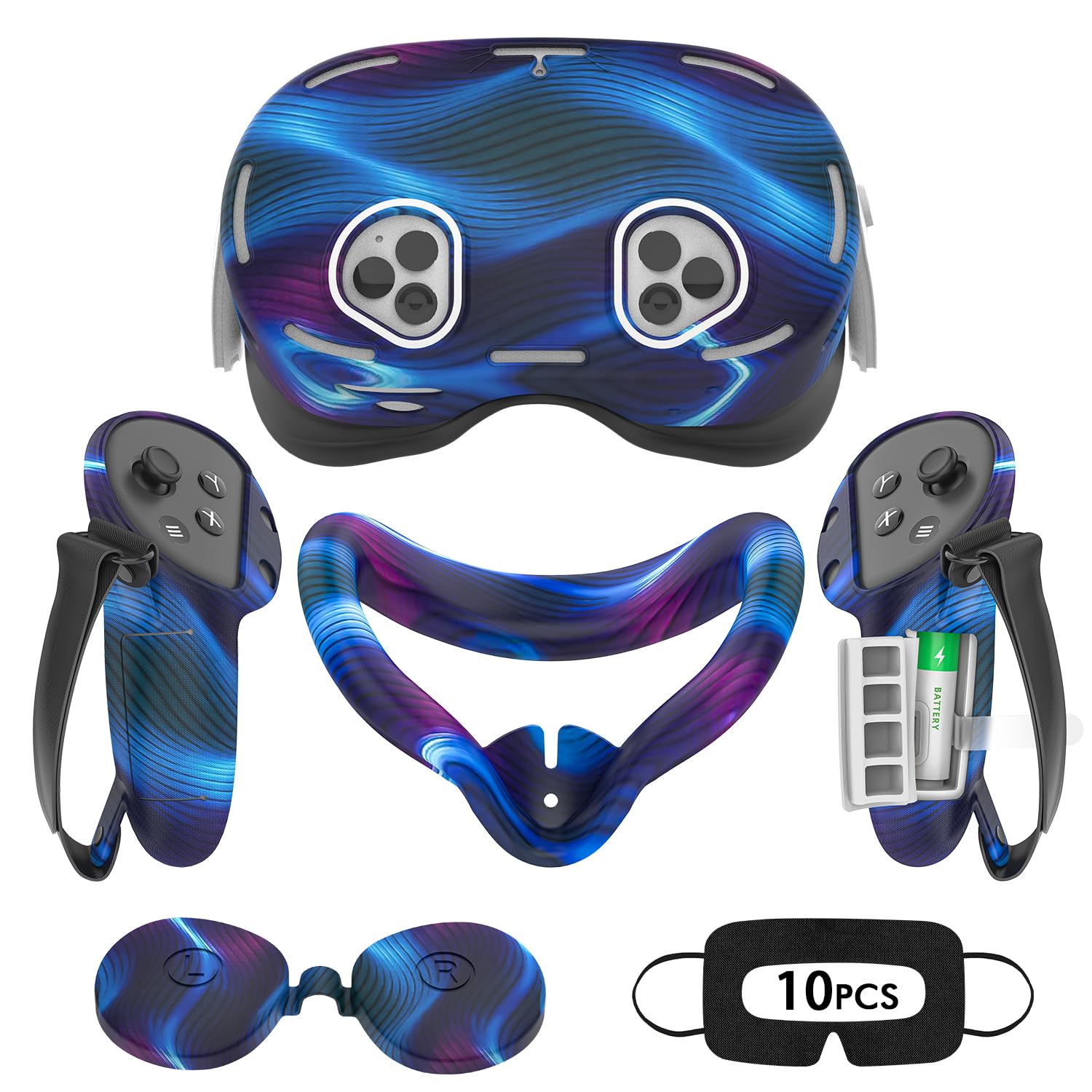 Silicone Cover Set Compatible with Oculus/Meta Quest 3S, VR Accessories for Meta Quest 3S, Protective Cover Set Includes Controller Grip Cover, Face Cover, VR Shell Cover (Aurora Blue)