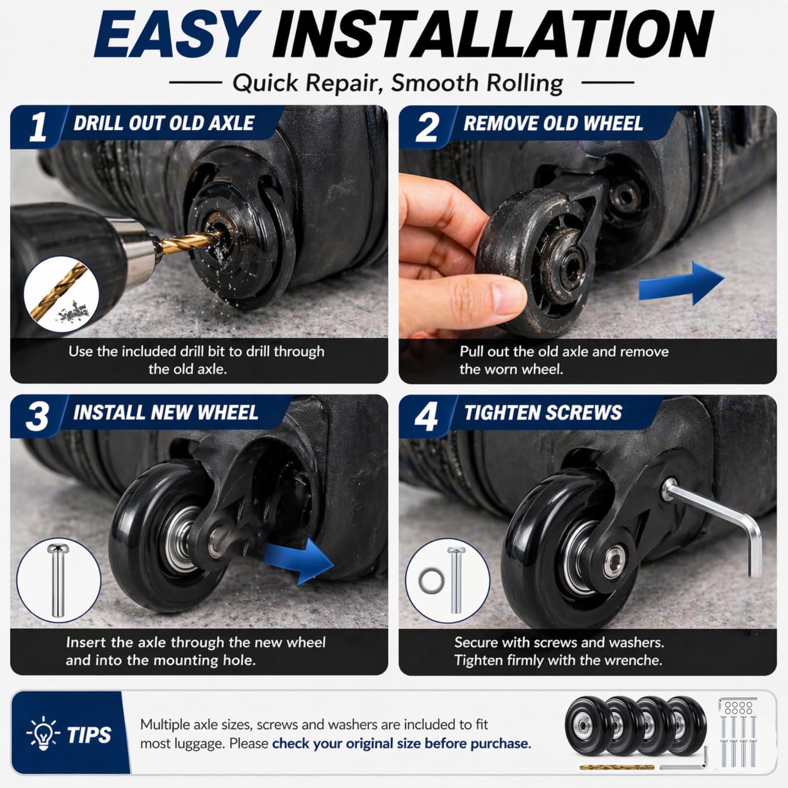 50mm Luggage Wheels Replacement Kit, Suitcase Wheel Repair Set, Axles Drill — Amazon image 4