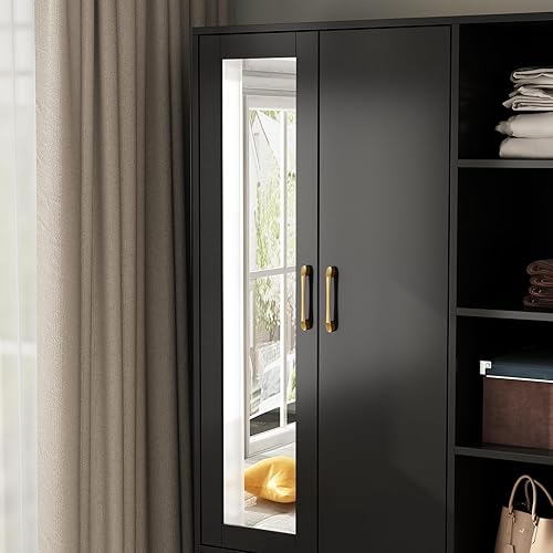 Miniatura 6 de Homsee Armario de madera con espejo, 2 puertas, 2 cajones, 4 cubos de almacenamiento abiertos y barra para colgar para dormitorio, negro (35.5