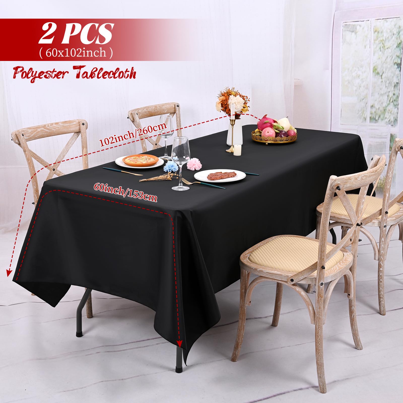 2 Pack Black Rectangle Tablecloth 153 x 260CM/60 x 102Inch Black Tablecloths Waterproof Polyester Table Cloth for 6 FT Tables Stain and Wrinkle Resistant Washable Fabric Table Cover for Party Wedding - Image 2