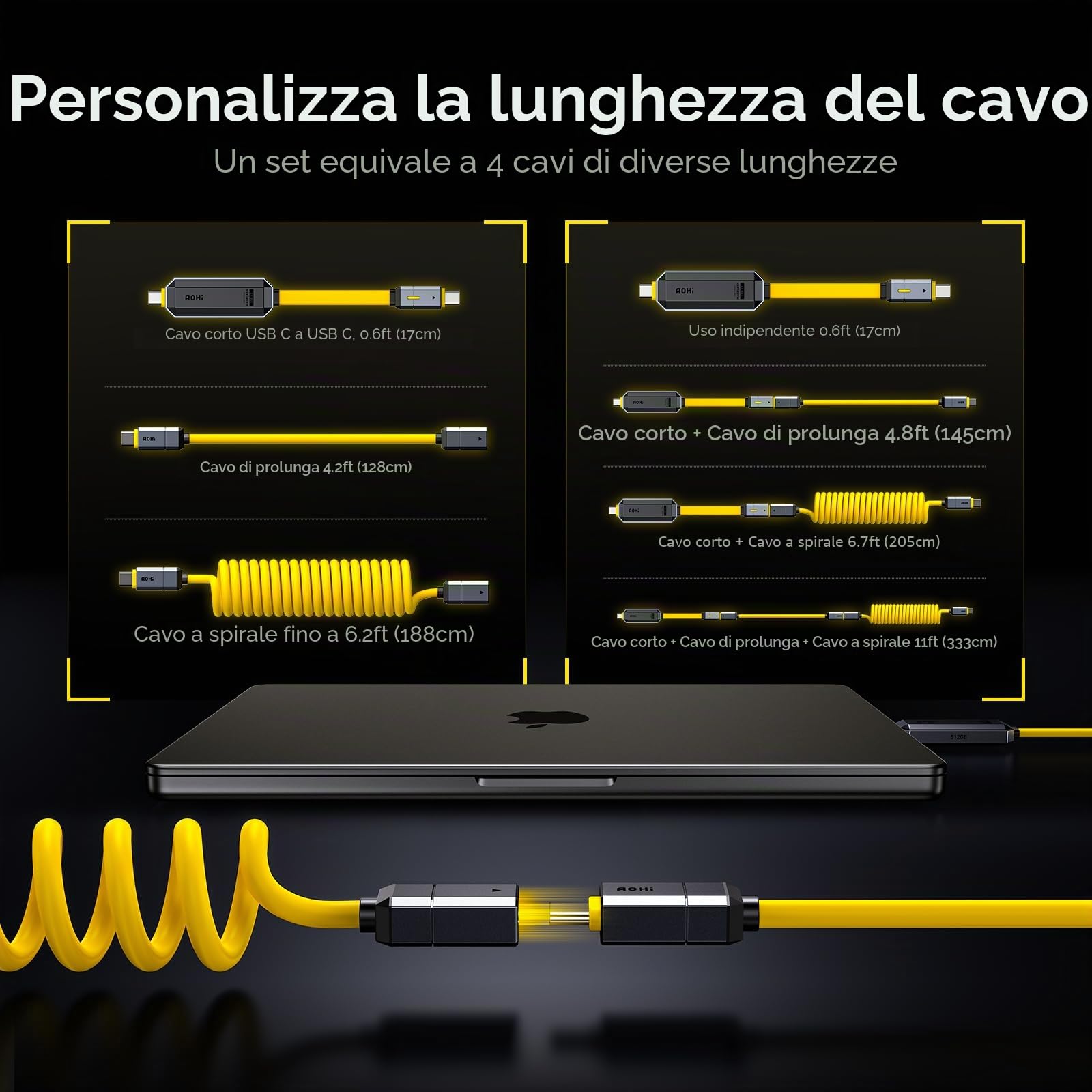 AOHI Set di cavi USB C da 240 W fai da te con unità flash USB C da 512 GB, 2 in 1 PD 3.1 per ricarica rapida e archiviazione dati, con USB 3.2 Gen2 Type C SSD USB Drive per MacBook, iPhone 16, Galaxy