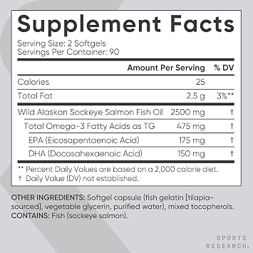 Sports Research Salmon Oil - Single-Source Wild Alaskan Sockeye | 2500 mg per Serving w/EPA & DHA Fatty Acids | MSC Certified - 180 Count Softgels